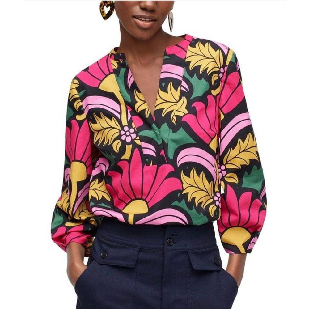 J. Crew Women's Open Vneck cotton poplin top in Ratti® grandi fiori Size Small